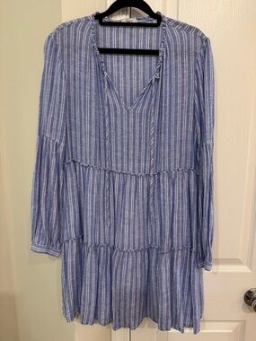 Rails Blue and White Striped Tiered Long-Sleeve Coverup Dress